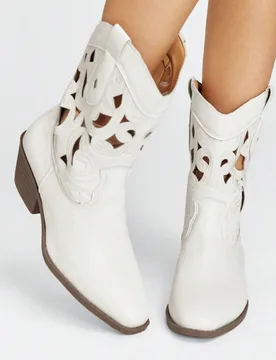 Botas occidentales rosas para mujer, botas con corte en V puntiagudo y tacón grueso bordadas, zuecos de tacón bajo, botas de caballero con cremaller - Shein - FashionsVida