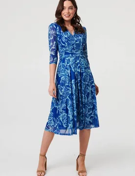 Women's Leaf Print Mesh Layer Midi Wrap Dress in Blue Size: 12 - Blue - Size: 12 - Izabel London - FashionsVida