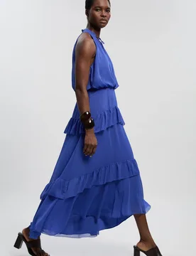 Crinkle Chiffon Halterneck Woven Maxi Dress - Blue - Size: 10 - Karen millen - FashionsVida