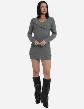 Womens Sage Green Wrap Knit Button Detail Mini Jumper Dress - Size 10 Uk - Gini London - FashionsVida