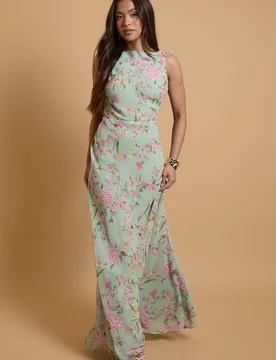 Women's Petite Lace Cowl Back Chiffon Printed Maxi Dress in Blue Size: 8 - Blue - Size: 8 - OASIS - FashionsVida