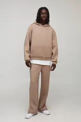 Mens Oversized Boxy Bonded Scuba Hooded Split Hem Tracksuit - Taupe - Size Medium