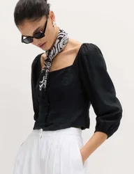 Linen Rich Puff Sleeve Top Black female
