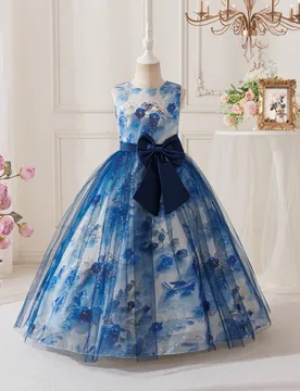 Vestido de princesa para niñas con estampado floral, hecho de material de malla, adecuado para fiestas y celebraciones, sin tocado - Shein - FashionsVida