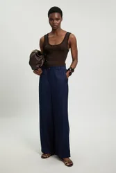 Women's Premium Viscose Linen Woven Straight Leg Trouser in Navy Size: 14 - Navy - Size: 14