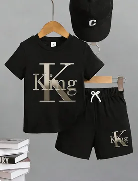 Set de 2 piezas de camiseta de manga corta con estampado de letra y pantalones cortos casuales y multifuncionales minimalistas para niños, adecuados - Shein - FashionsVida