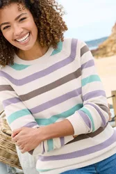 Women's Stripe Cotton Crew Neck Jumper in Cream Size: 14 - Cream - Size: 14