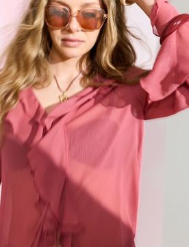 Blusa stile camicia fluida con volant e laccetto - rosa cipria