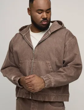 Herren Plus Getönt Gewaschenes Denim Übergroßer Durchgehender Reißverschluss Kapuzenpullover Brown Größe 3XL - boohooMAN - FashionsVida