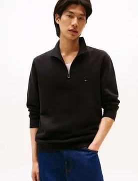 Essential Cotton Rich Half Zip Fleece Jumper Black male - Tommy hilfiger - FashionsVida