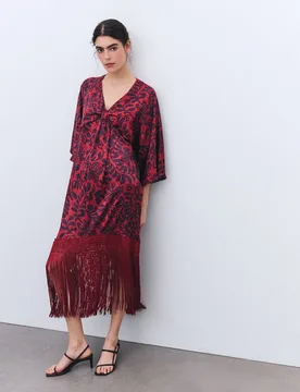 Vestido manga corta jacquard estampado flecos de mujer - Tintoretto - FashionsVida