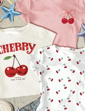 Set de 3 camisetas de manga corta, cuello redondo, cintura alta y corte regular con estampado vintage de cerezas en la playa, colores dopamina, crema - Shein - FashionsVida