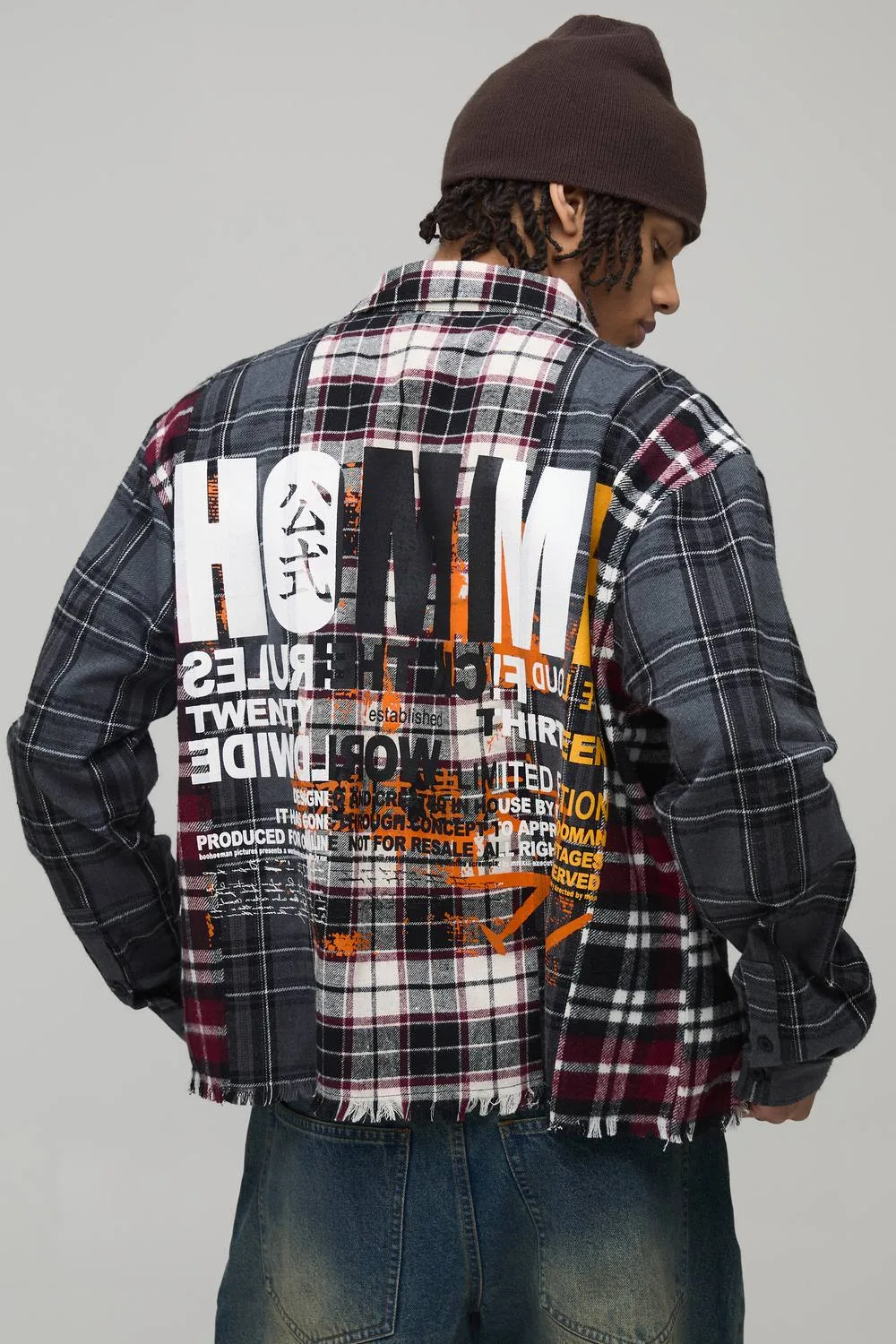 Herren Oversized Kastenförmiges Hemd Mit Karomuster-Einsätzen Grey Größe Small - boohooMAN - FashionsVida