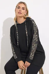 Leopard Print Trim Hoodie - Black - Size: 22-24
