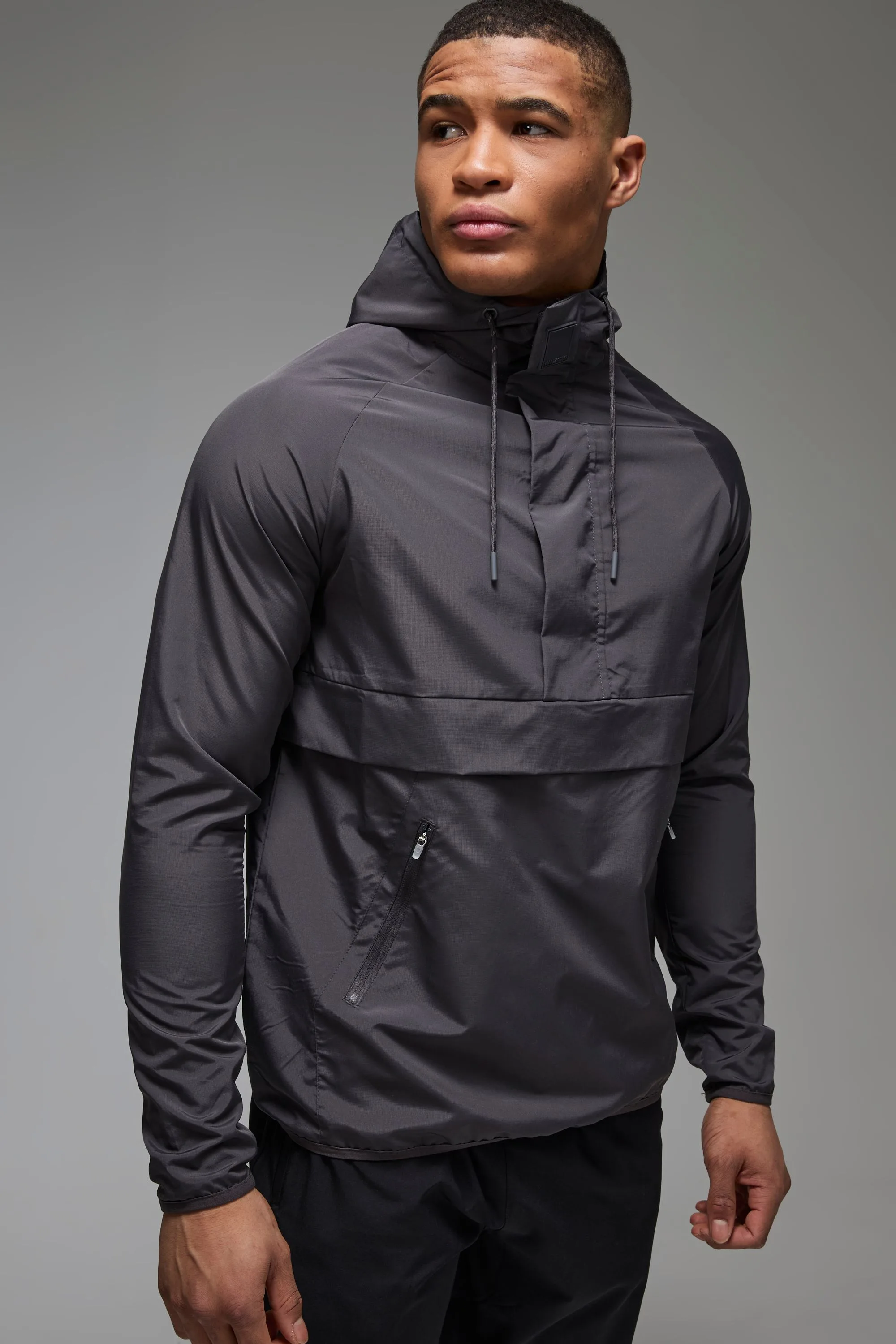 Mens Man Active Gym Regular Fit Windbreaker - Charcoal Nylon - Size Small - boohooMAN - FashionsVida