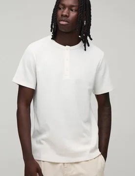 Men's Slim Fit Waffle Henley T-Shirt Ecru Size Large Ecru L - boohooMAN - FashionsVida