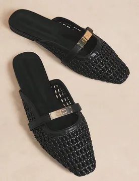 Zapatos de mujer con punta cuadrada pequeña, suela plana, negro, tejido a mano, cómodos y transpirables, con hebilla de metal, versátiles y de moda - Shein - FashionsVida