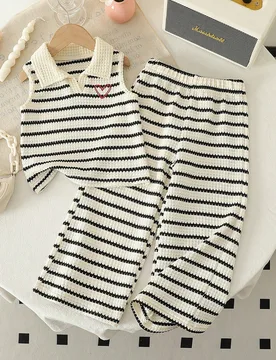 Conjunto de 2 piezas para niñas de 4 a 7 años, chaleco de manga larga con cuello y bordado de corazón a rayas de punto + pantalones rectos y suelto - Shein - FashionsVida