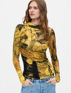 Pull fin imprimé, , Viscose, Vert, XS