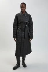 Womens Quilted & Pu Mix Belted Padded Midi Coat - Black - Size 6 Uk