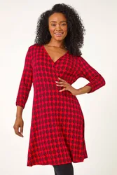 Petite Geometric Print Wrap Stretch Dress - Red - Size: 14