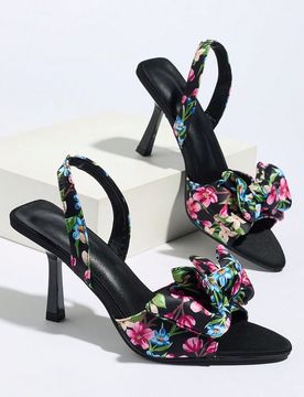 Sandalias de tacón alto con puntera puntiaguda, decoración de lazo y estampado floral, correa elástica, elegantes para fiestas, uso diario, reunion