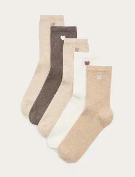 Pack Cotton Rich Embroidered Crew Socks Brown Mix female - M&S - FashionsVida
