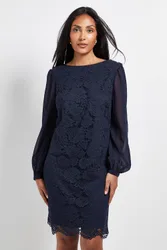 Petite Lace Chiffon Cowl Back Shift Dress - Navy - Size: 10