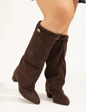 Botas altas de ancho amplio de ante sintético para mujer, con caña plegable, tacón ancho, botas marrones, botas sexy de rodilla para exteriores, ta - Shein - FashionsVida