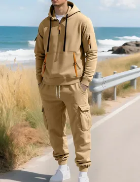 Men's Spring-Autumn Hooded Sports Suit, Featuring a Pocketed Zipper Top and Multi-Pocketed Long Pants for a Casual Sports Outfit - Aliexpress - FashionsVida