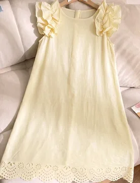 Vestido midi dulce de línea A con estampado tropical, lazo 3D, volantes y mangas acampanadas para niñas preadolescentes, regreso a la escuela - Shein - FashionsVida