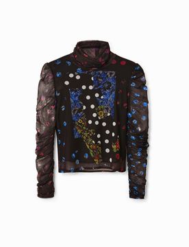 T-shirt tulle patchwork pois et fleurs, Polyester, Noir, XS