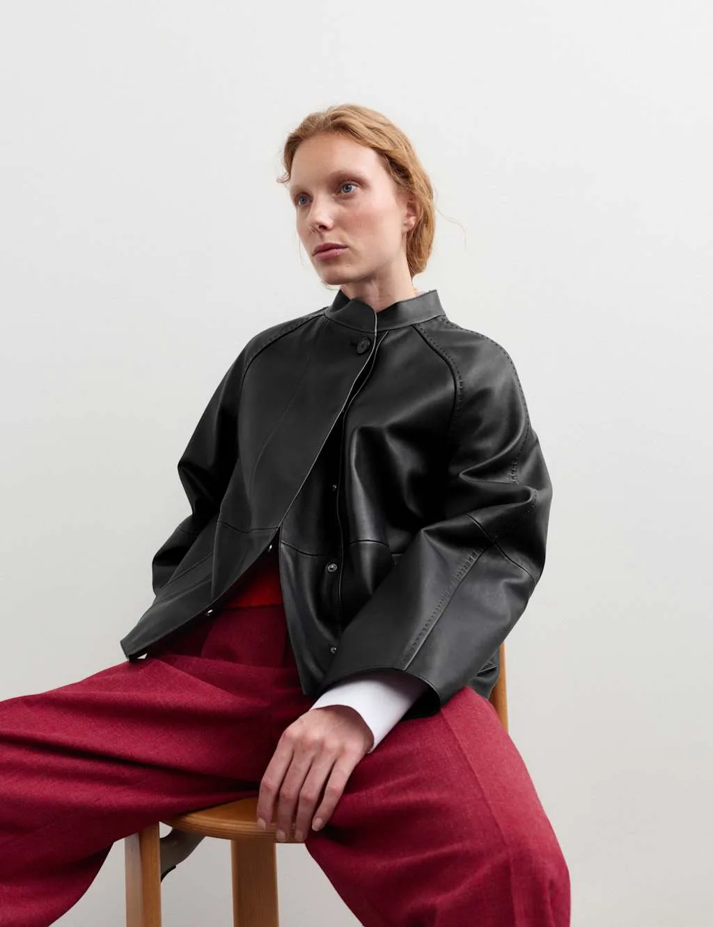 Pure Leather Collarless Short Jacket Black female - Jaeger - FashionsVida