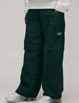 Mens Baggy Fit Zip Off Cargo Utility Track Pants - Forest Green Polyamide - Size Small - boohooMAN - FashionsVida