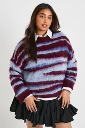 Womens Plus Brushed Knit Abstract Print Oversized Knitted Jumper - Burgundy - Size Uk 20-22 (Womens)