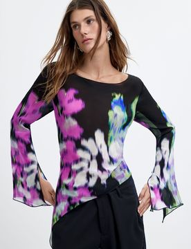 Blouse asymétrique imprimée M. C. Lacroix, , Viscose, Noir, XS