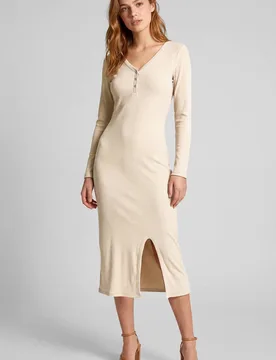 Women's Front Slit Ribbed Midi Dress in Cream Size: 8 - Cream - Size: 8 - Enorsia - FashionsVida