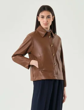 Giacca a camicia marrone in similpelle liscia - Hlo! - FashionsVida
