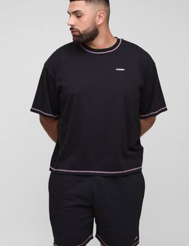 Herren Plus Offizielles Herren Kontrastnaht Übergroßes Kastenförmiges Oberteil & Entspannte Jersey Kurze Hose Set Black Größe 2XL
