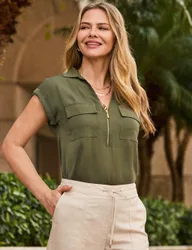 Half Zip Collared Tunic Top Khaki female