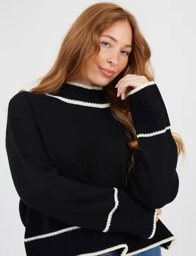 Women's Turtleneck Knitted Jumper with Contrast Trim in Black Size: Large - Black - Size: L - Brave soul - FashionsVida