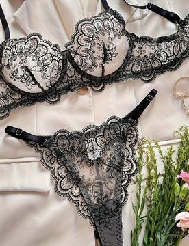 Piezas Conjunto de lencería sexy para mujer, Conjunto de sujetador y panty negro con bordado floral, diseño de malla, adecuado para el Día de San V