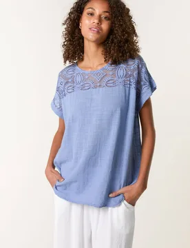 Women's Blue Short Sleeve Slip On Round Neck Top Size: Small - Blue - Size: S - Blue Vanilla - FashionsVida