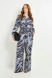Womens Abstract Print Wide Leg Trouser Co-Ord - Blue Polyamide - Size 12 Uk