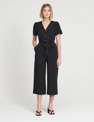 Polka Dot Belted Cropped Wide Leg Jumpsuit Black Mix female