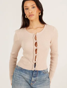 Women's Ribbed Long Sleeve Button Down Cardigan Sweater in Stone Size: XS - Stone - Size: XS - Brave soul - FashionsVida