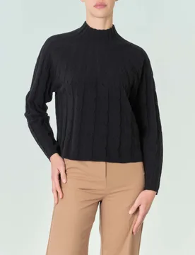Maglia nera in pura lana a lavorazione trecce con colletto in piedi - Marella - FashionsVida