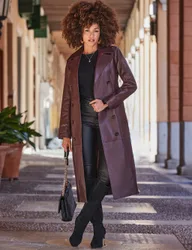 Leather Belted Double Breasted Trench Coat Burgundy female