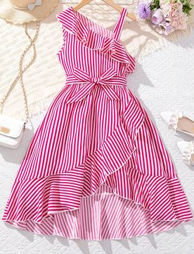 Vestido largo a rayas para niñas preadolescentes con tirantes asimétricos y volantes para playa, vacaciones, verano, viajes