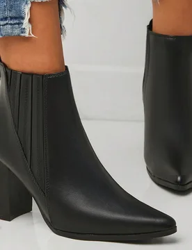 Botas Chelsea de tacón grueso y punta puntiaguda para mujer, botas de tobillo de cuero sintético antideslizantes para uso exterior y desplazamientos - Shein - FashionsVida